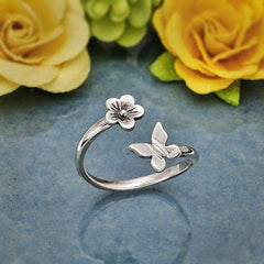 Butterfly and Flower Adjustable Ring: Recycled Sterling Silver