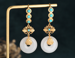 Golden Lotus Over White Jade Earrings