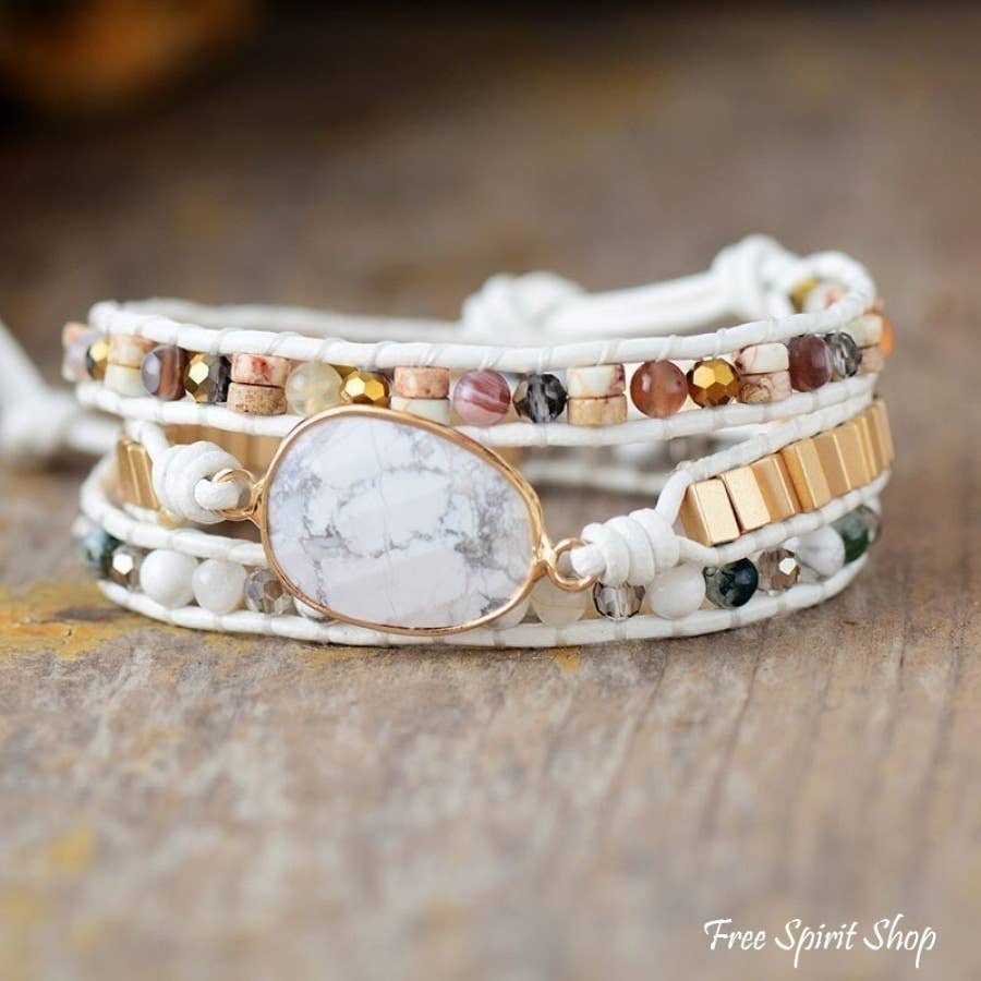 Natural White Howlite Stone & Gold Bead Wrap bracelet