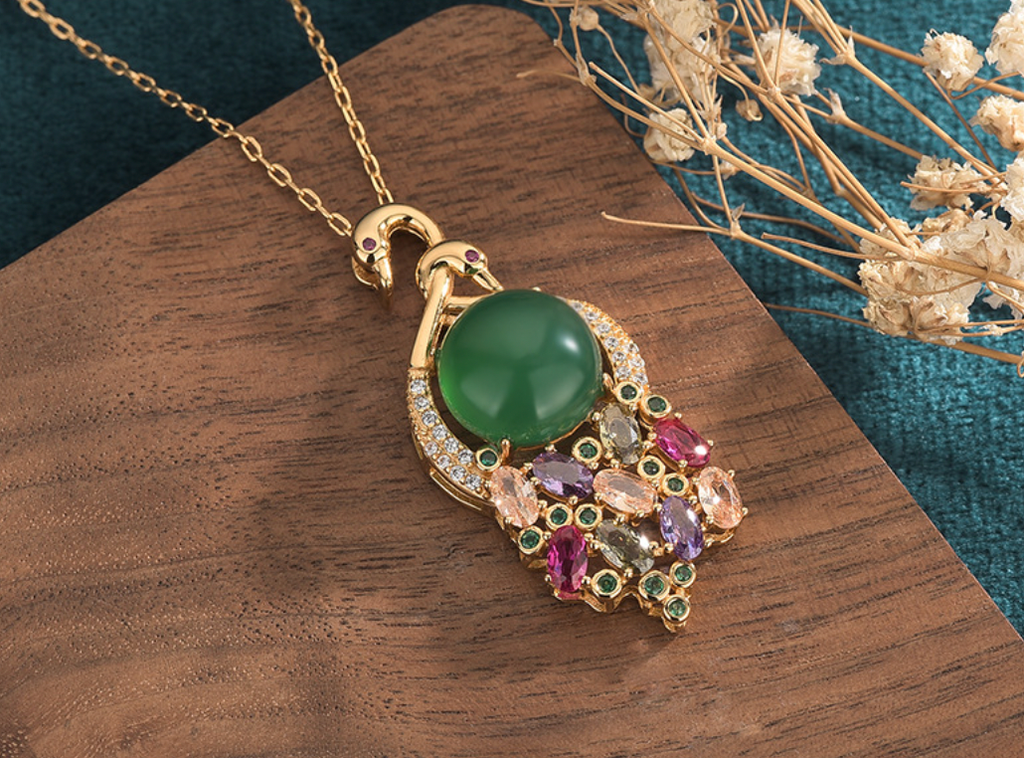 Jade Swan With Purple Crystals Necklace