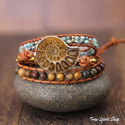 Ammonite Fossil & Jasper Wrap Bracelet, Beaded Boho Bracelet