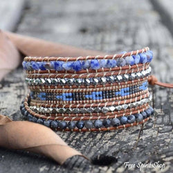 Blue Sodalite & Black Labradorite Beaded Wrap Bracelet