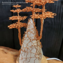 USB LED Lamp Copper Wire Pyramid Redwood Tree on Selenite