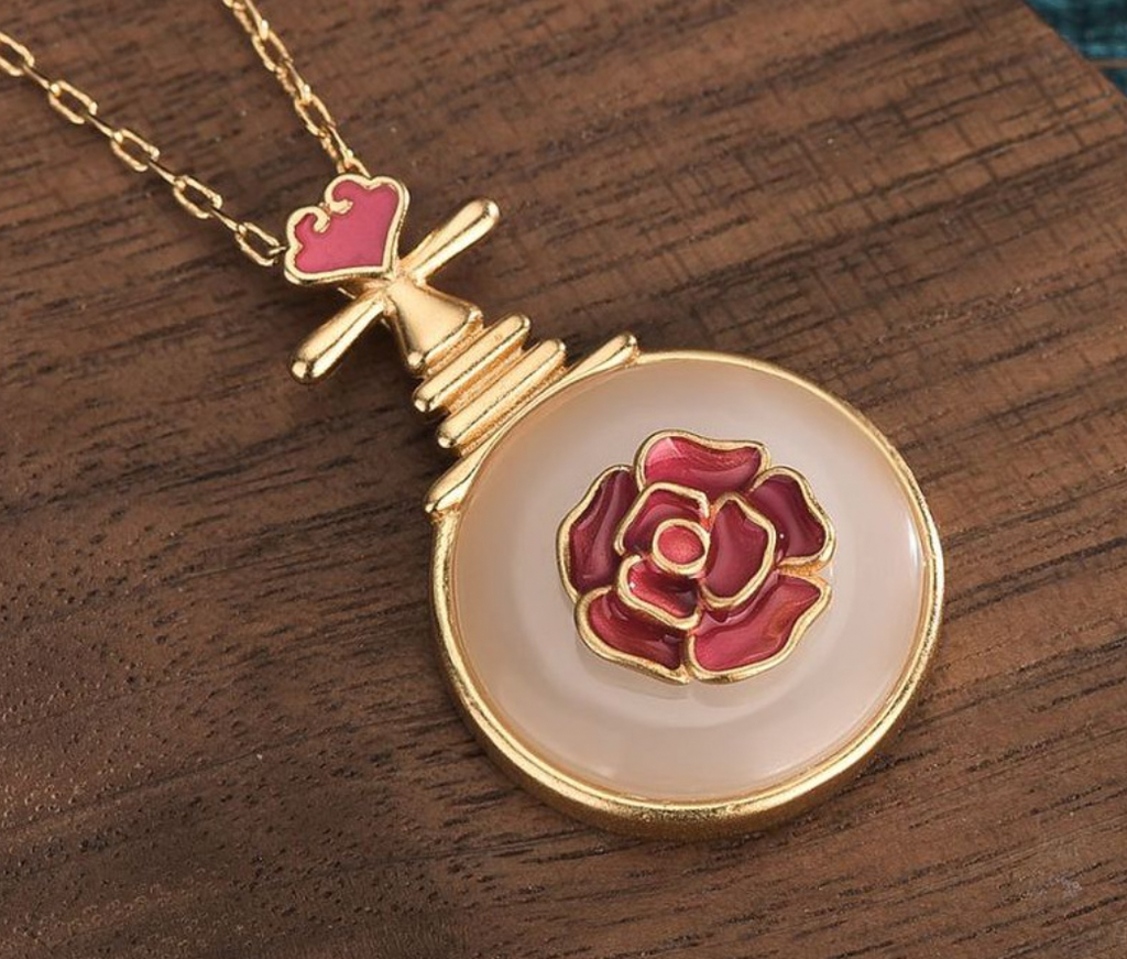 Pink Enamel  Rose Jade Necklace