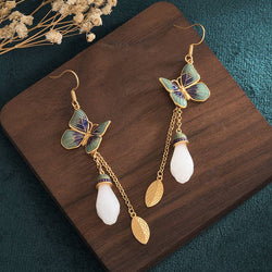 Enamel Butterfly on Golden Leaf Earrings