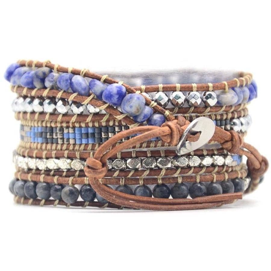 Blue Sodalite & Black Labradorite Beaded Wrap Bracelet