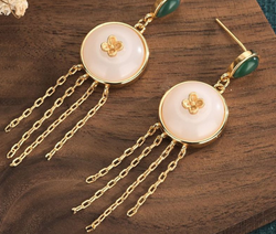 White Jade Golden Tassels Earrings