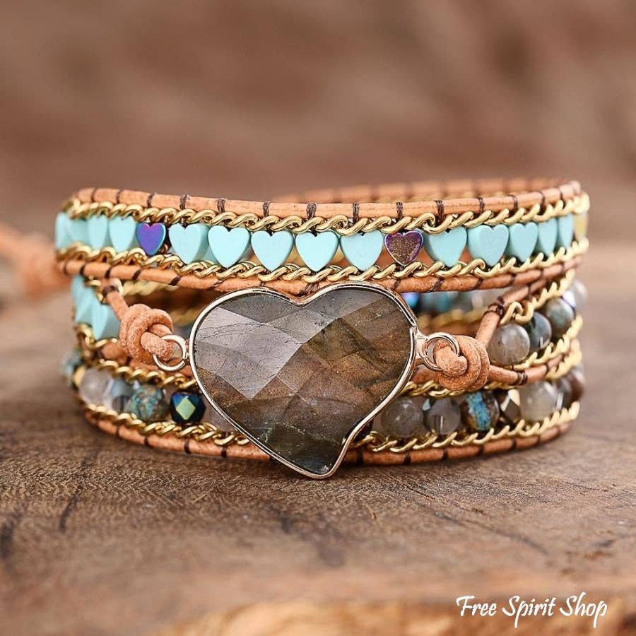 Labradorite Heart Beaded Wrap Bracelet