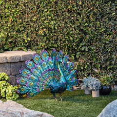 Alpine Corporation Embossed Metal Tail Open Peacock Décor