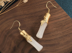 Gold Inlaid with Jade Earrings Bamboo Shape