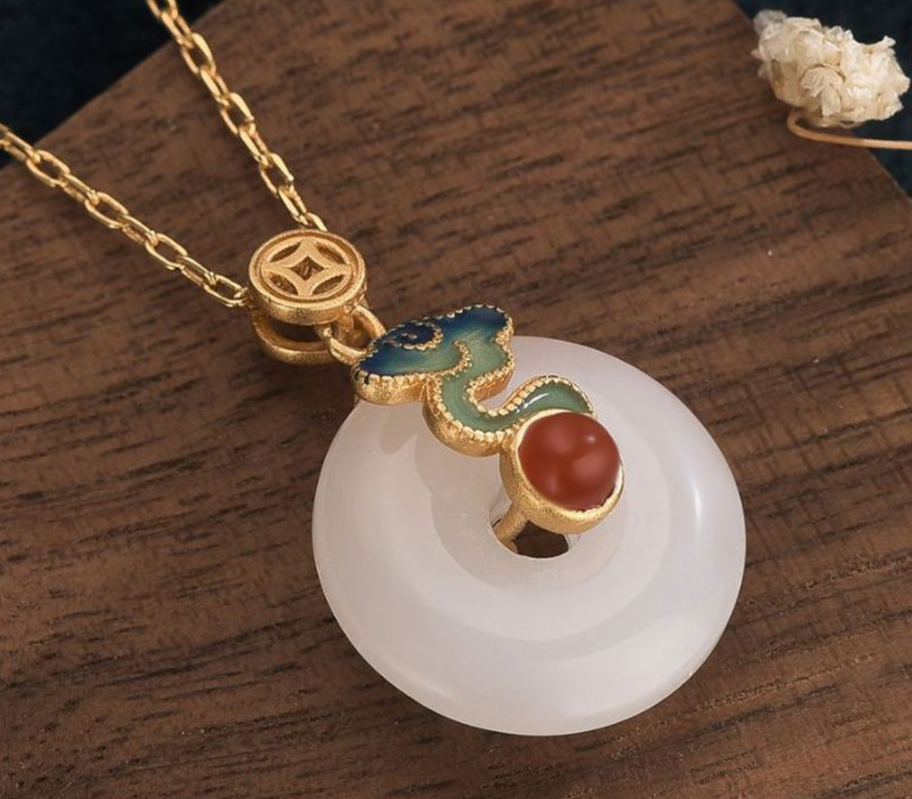 Enamel Cloud on Jade Necklace