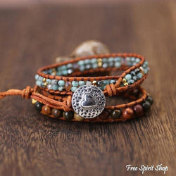 Ammonite Fossil & Jasper Wrap Bracelet, Beaded Boho Bracelet