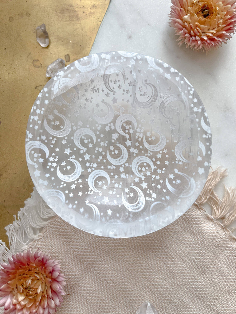 Celestial Selenite Crystal Jewelry Bowl Trinket Dish: Medium 4” / Engraved with Celestial Bodies