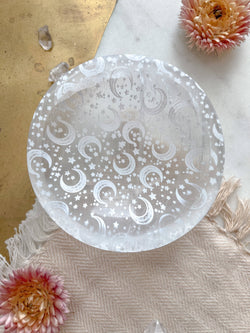 Celestial Selenite Crystal Jewelry Bowl Trinket Dish: Medium 4” / Engraved with Celestial Bodies