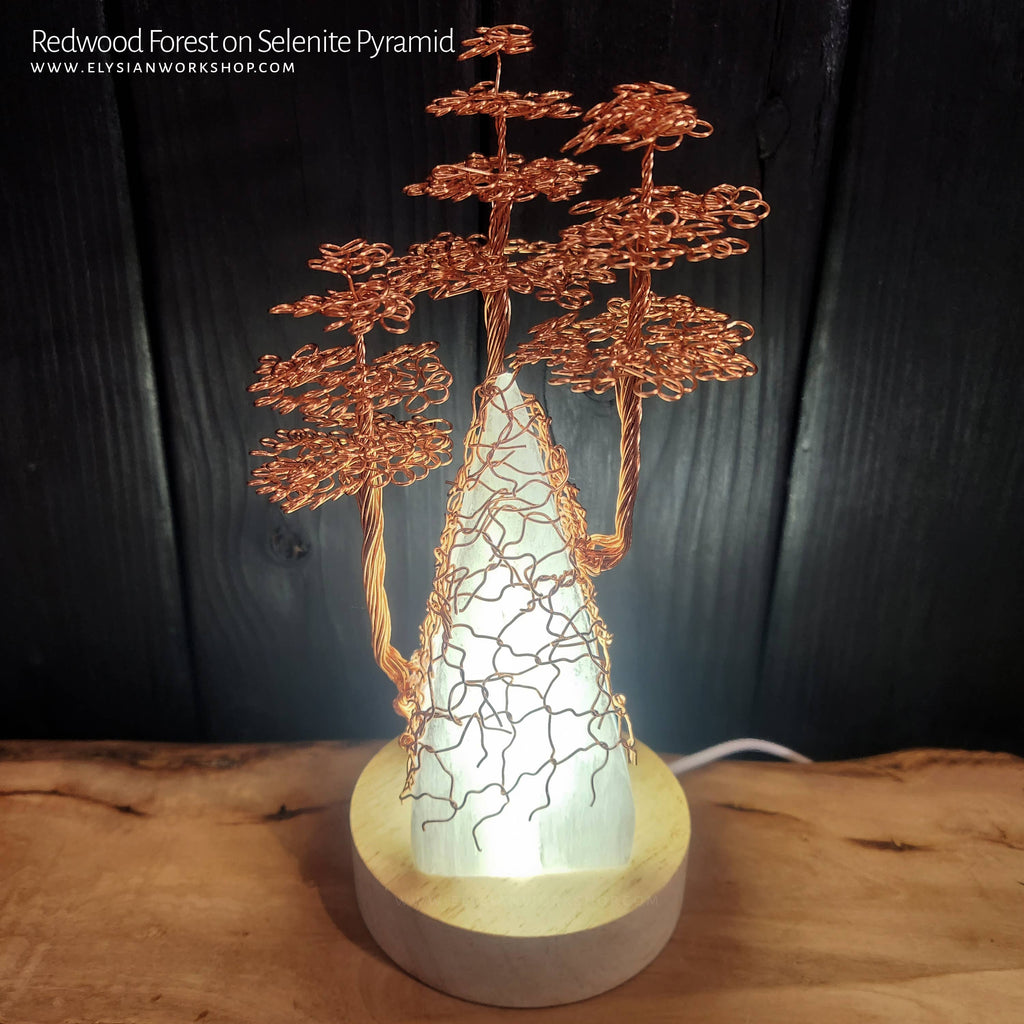 USB LED Lamp Copper Wire Pyramid Redwood Tree on Selenite