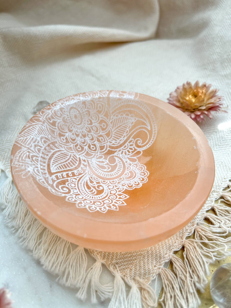 PEACH Selenite Offering Bowl Trinket Dish 