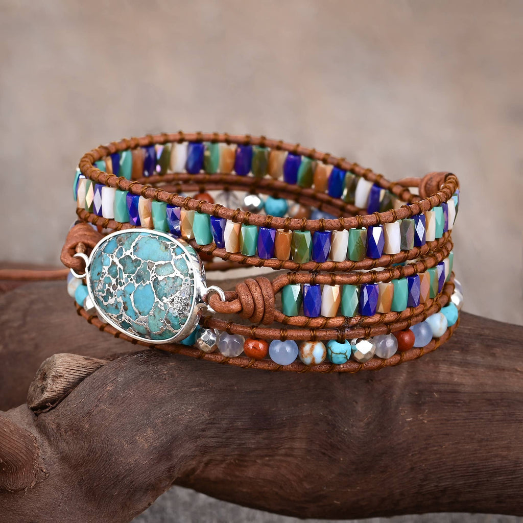 Natural Turquoise & Jasper Silver Wrap Bracelet