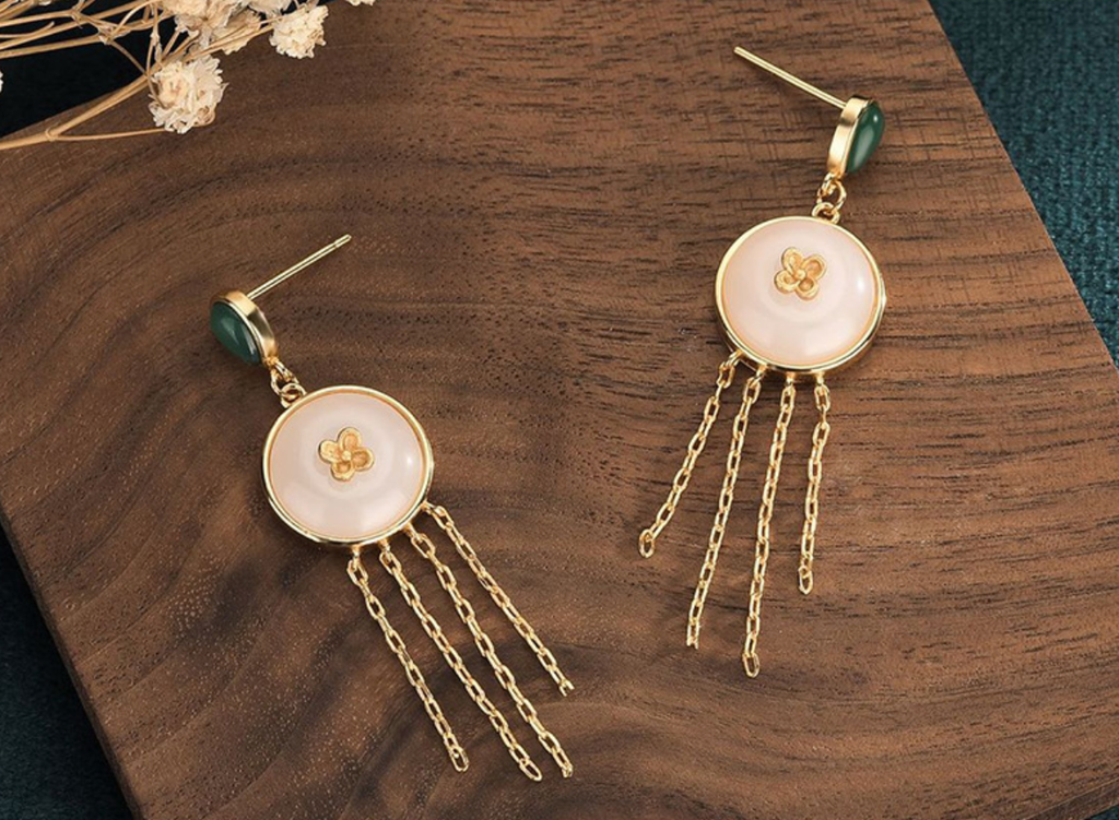 White Jade Golden Tassels Earrings