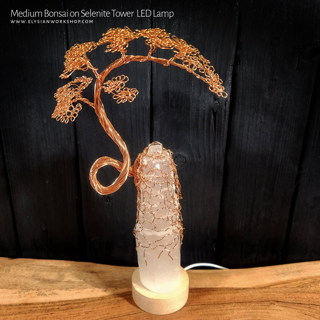 USB LED Lamp Copper Wire Bonsai Tree on Selenite Tower - Med