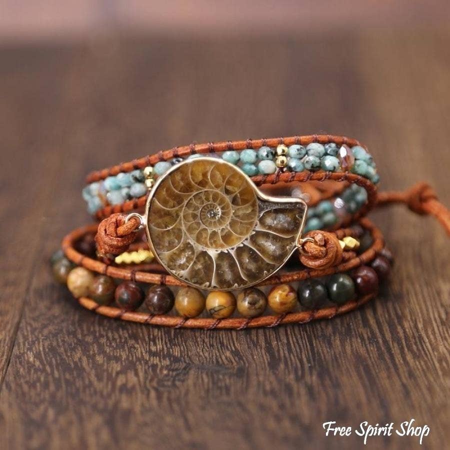 Ammonite Fossil & Jasper Wrap Bracelet, Beaded Boho Bracelet