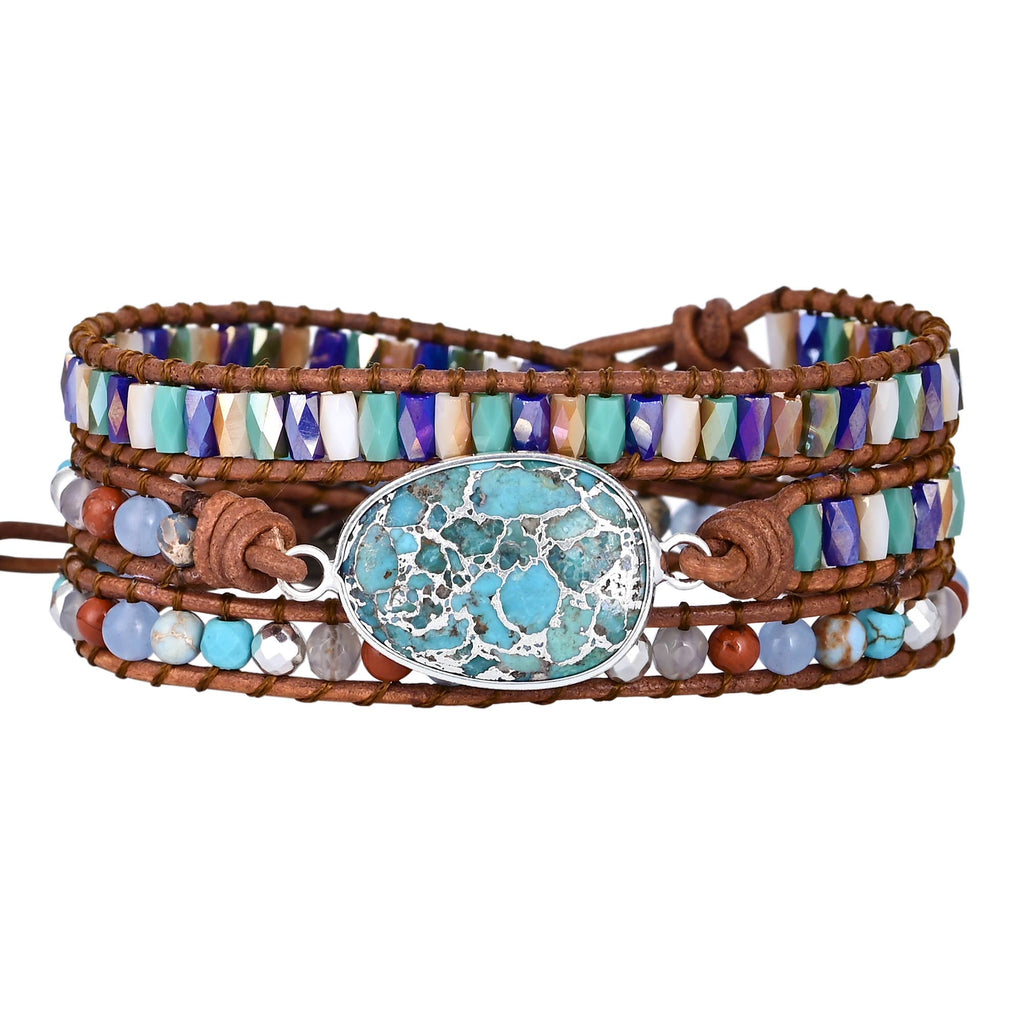 Natural Turquoise & Jasper Silver Wrap Bracelet