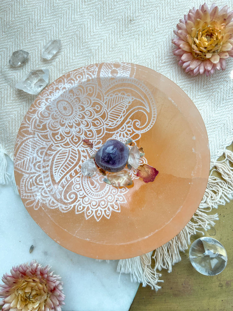 PEACH Selenite Offering Bowl Trinket Dish 