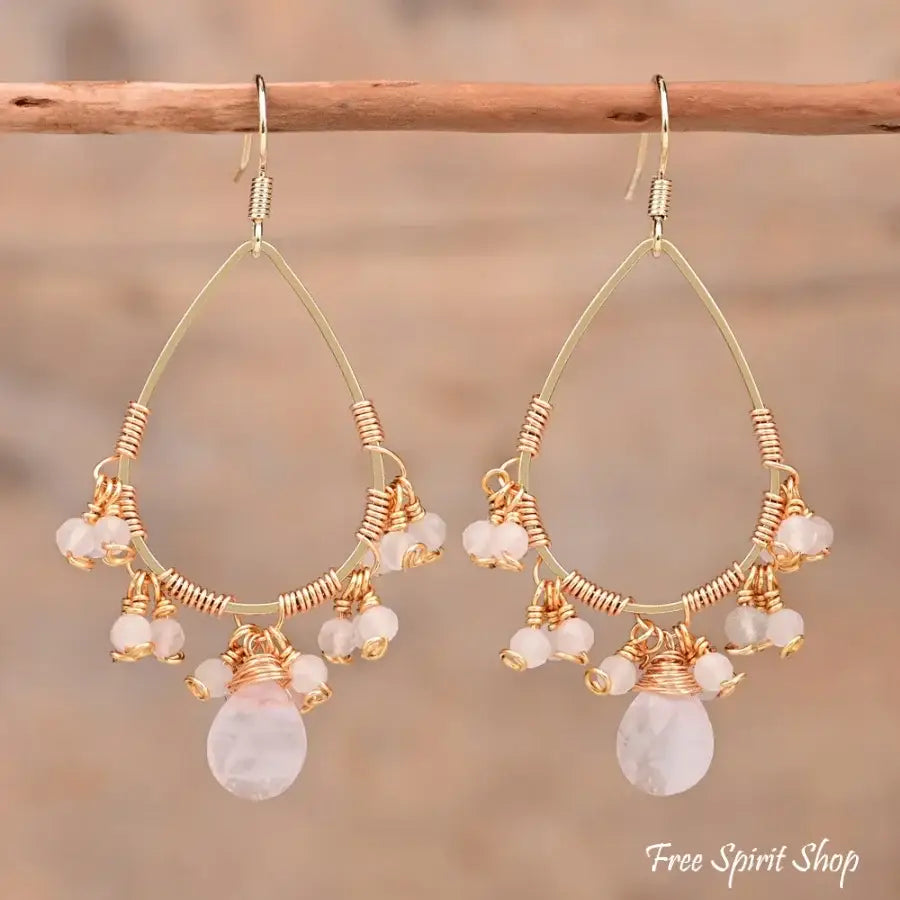 Natural Rose Quartz Crystal Bead Drop Earrings