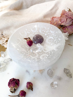 Celestial Selenite Crystal Jewelry Bowl Trinket Dish: Medium 4” / Engraved with Celestial Bodies