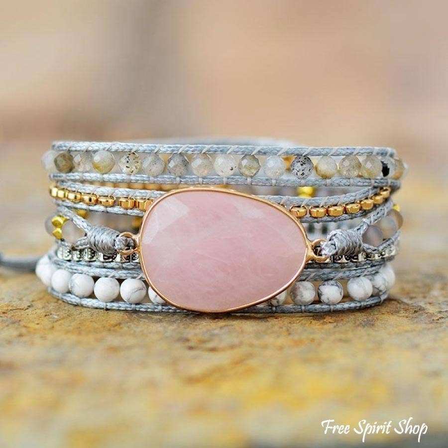 Natural Rose Quartz Howlite & Rutilated Quartz Wrap Bracelet