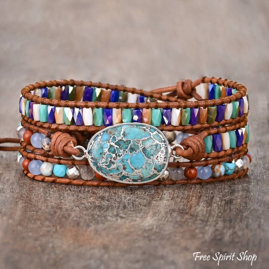 Natural Turquoise & Jasper Silver Wrap Bracelet