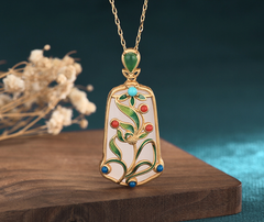 Enamel Flowers on Jade Necklace