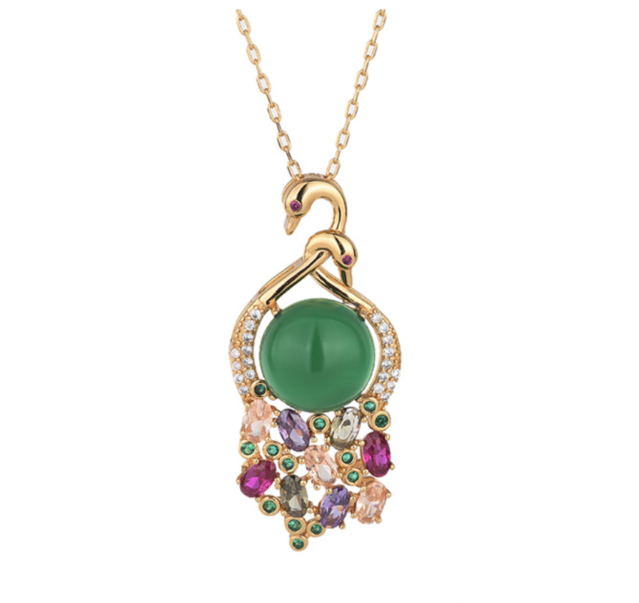 Jade Swan With Purple Crystals Necklace