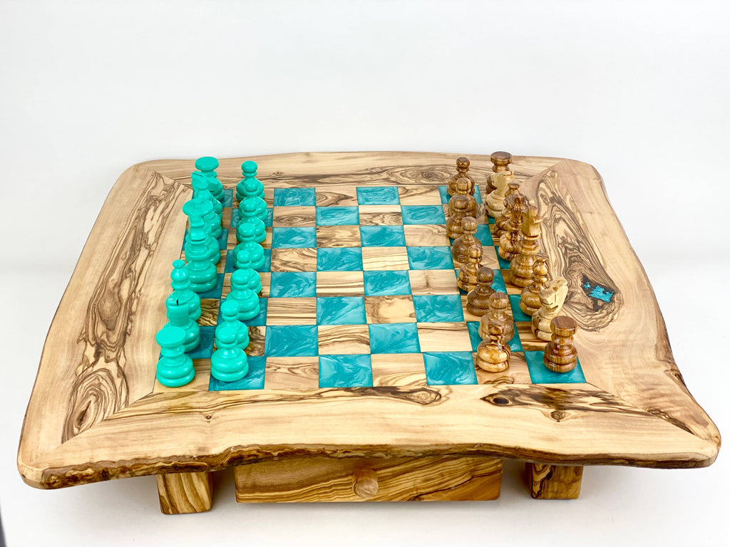 Olive Wood Resin Chess Board: Green / 17-18