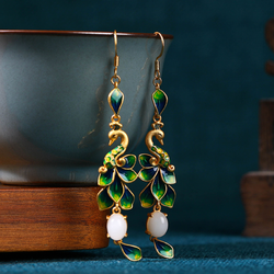 Green Enamel Peacocks Earrings