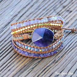 Amethyst Gemstone Leather Wrap Bracelet, Boho Beaded Strap