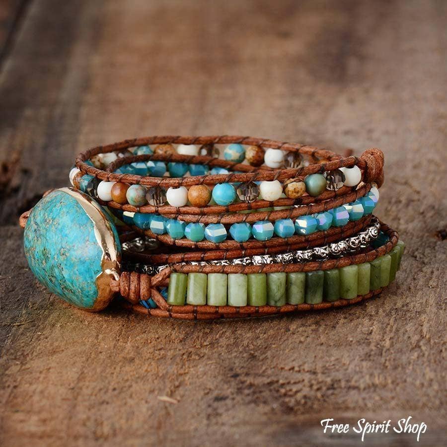 Natural Turquoise Jasper Punk Wrap Beaded Bracelet