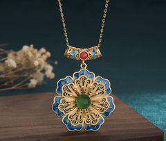 Detailed Blue Enamel Flower Necklace