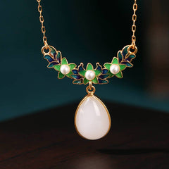 Green Enamel Leaves White Jade Necklace