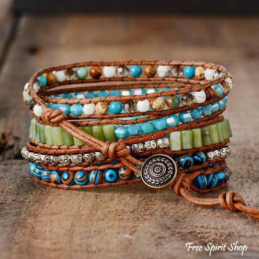 Natural Turquoise Jasper Punk Wrap Beaded Bracelet