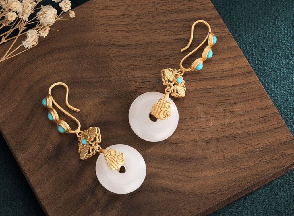 Golden Lotus Over White Jade Earrings