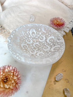 Celestial Selenite Crystal Jewelry Bowl Trinket Dish: Medium 4” / Engraved with Celestial Bodies