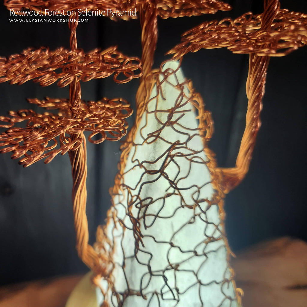 USB LED Lamp Copper Wire Pyramid Redwood Tree on Selenite