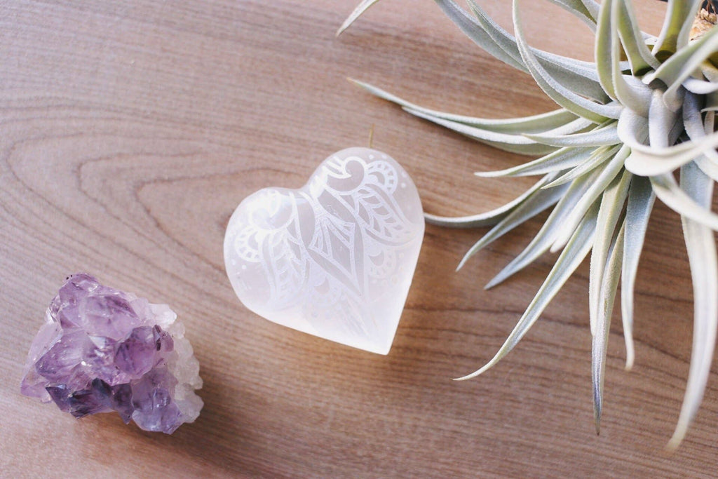 Etched Selenite Heart Crystal 