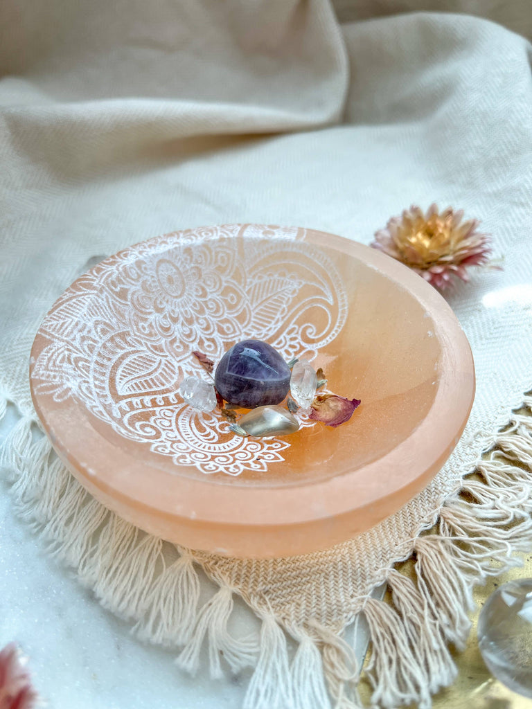 PEACH Selenite Offering Bowl Trinket Dish 