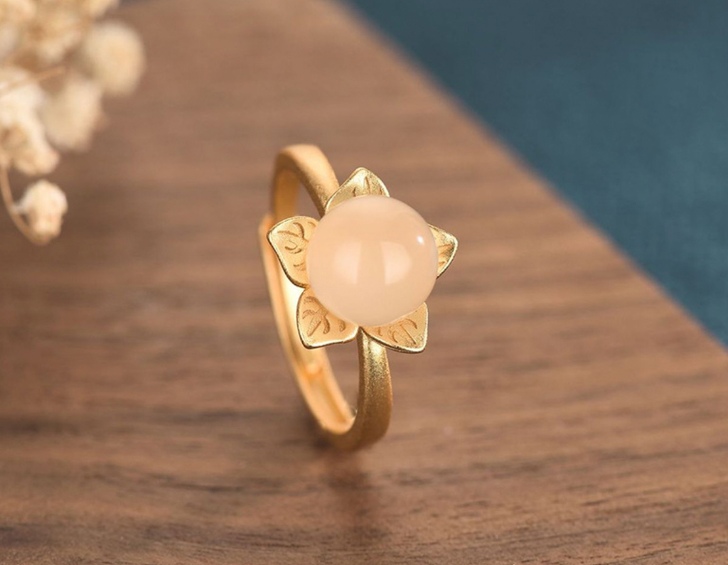 Jade Ball on Golden Flower Open Ring