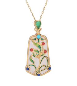 Enamel Flowers on Jade Necklace