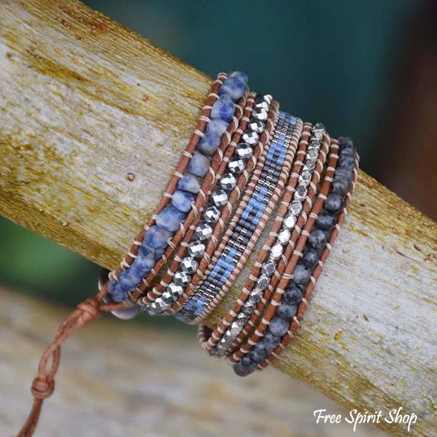 Blue Sodalite & Black Labradorite Beaded Wrap Bracelet