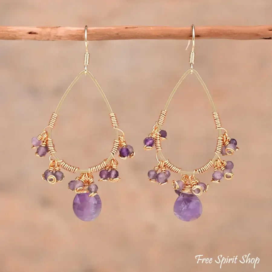 Natural Amethyst Crystal Bead Drop Earrings