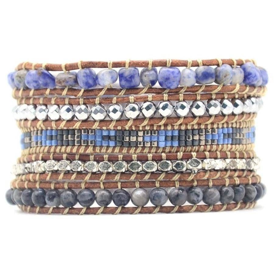 Blue Sodalite & Black Labradorite Beaded Wrap Bracelet