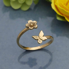 Butterfly and Flower Adjustable Ring: Bronze